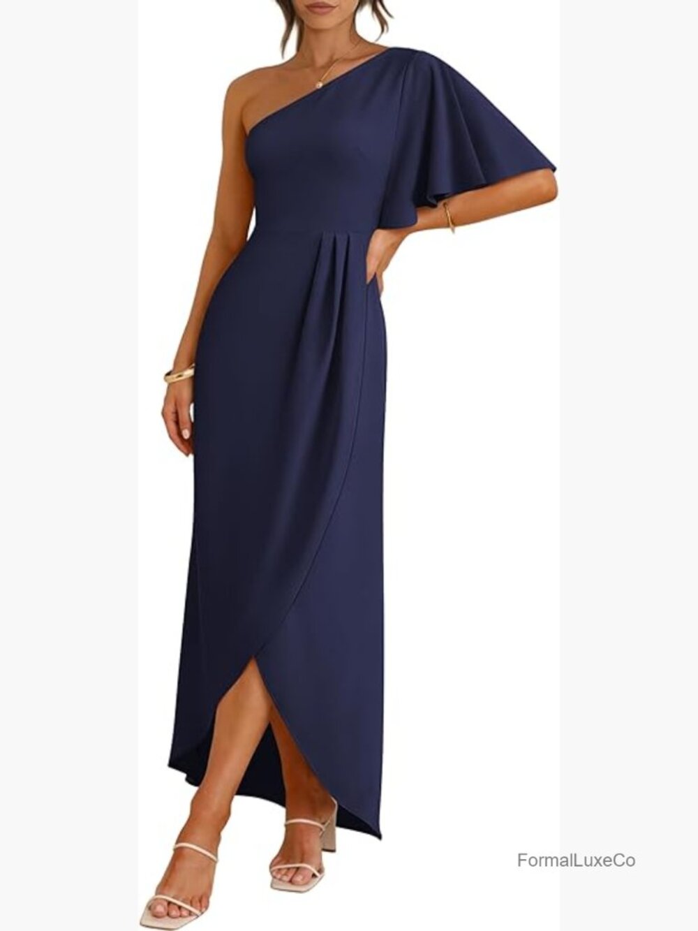One Shoulder Formal Midi Dress Wrap High Slit Wedding Guest Cocktail Maxi